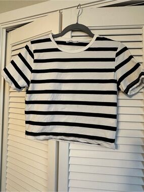 Zara White and Black Horizontal Stripe Crop Tee